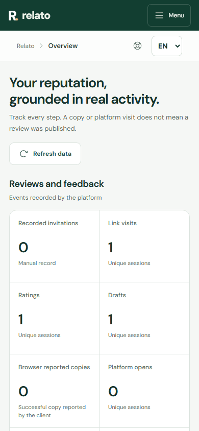 Open Overview to review recent activity for the selected business. — Mobile: Refresh the data using this button.
