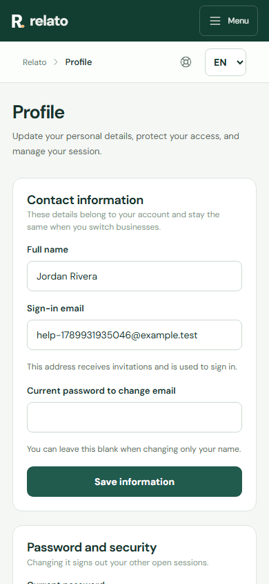 Use the ES/EN selector in the dashboard top bar. — Mobile: Switch the dashboard language between Spanish and English.