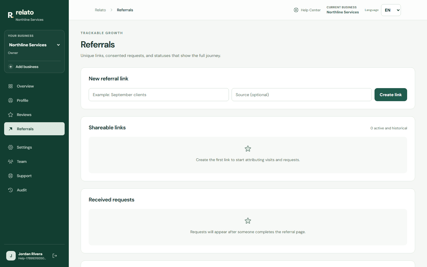 Open Referrals and review the requested fields and consent text before sharing the link. — Desktop: Name the link so you can recognize it later.