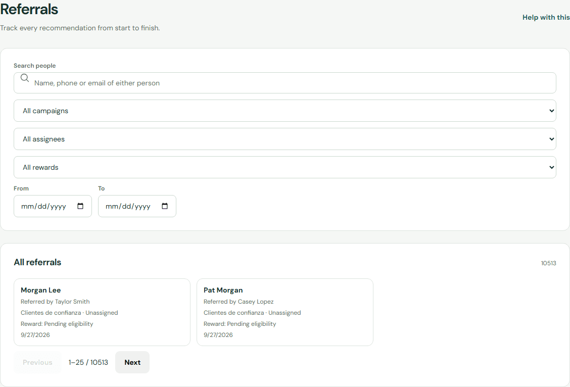 Search and page through referrals. — Desktop