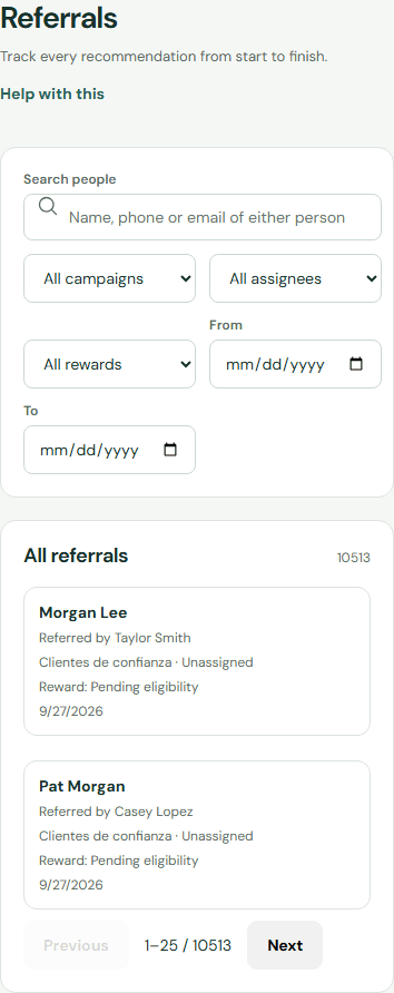 Search and page through referrals. — Mobile