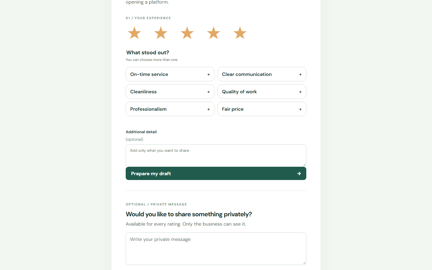 Test the public link: choose a rating, select one or more chips, and add optional detail. — Desktop: Choose the stars that match your experience.