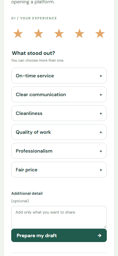 Test the public link: choose a rating, select one or more chips, and add optional detail. — Mobile: Choose the stars that match your experience.