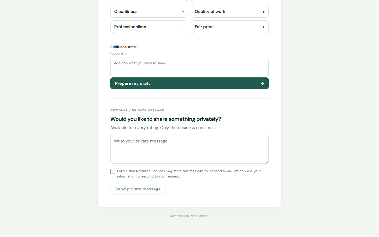 Open the public review link, select a star rating, and continue to Private feedback. — Desktop: Write your private message.