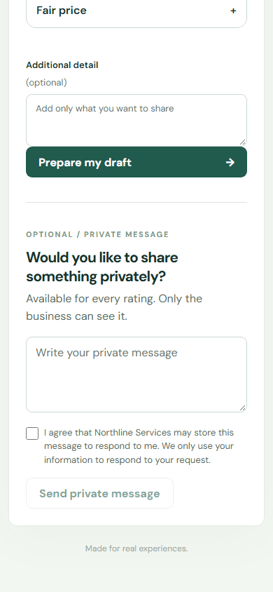 Open the public review link, select a star rating, and continue to Private feedback. — Mobile: Write your private message.