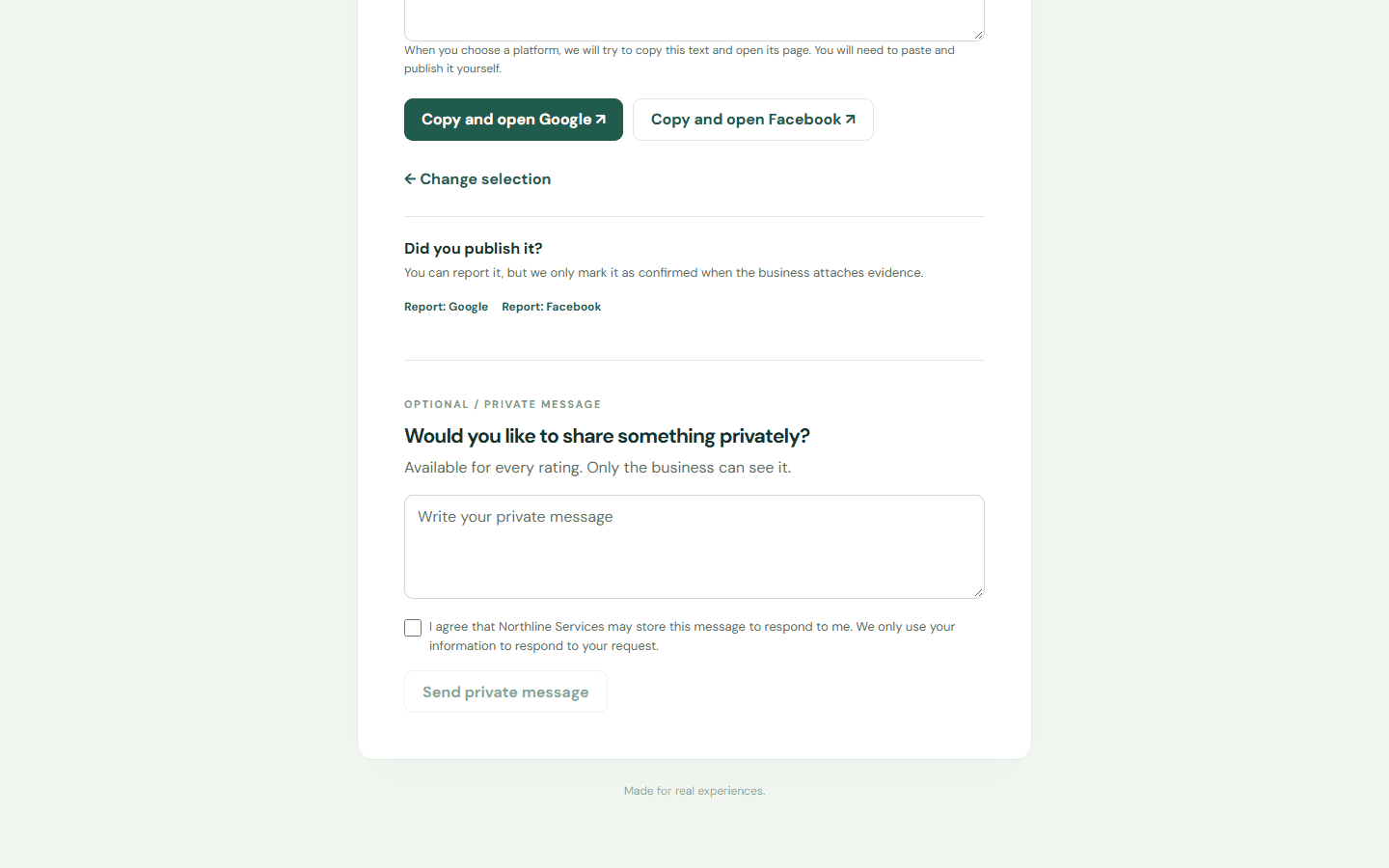 Complete the public flow until the generated text and available platforms appear. — Desktop: Copy and open your preferred platform. Paste and publish the text there.