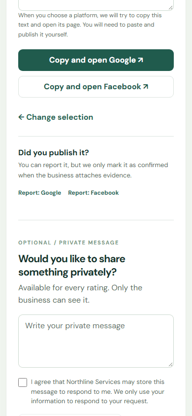 Complete the public flow until the generated text and available platforms appear. — Mobile: Copy and open your preferred platform. Paste and publish the text there.