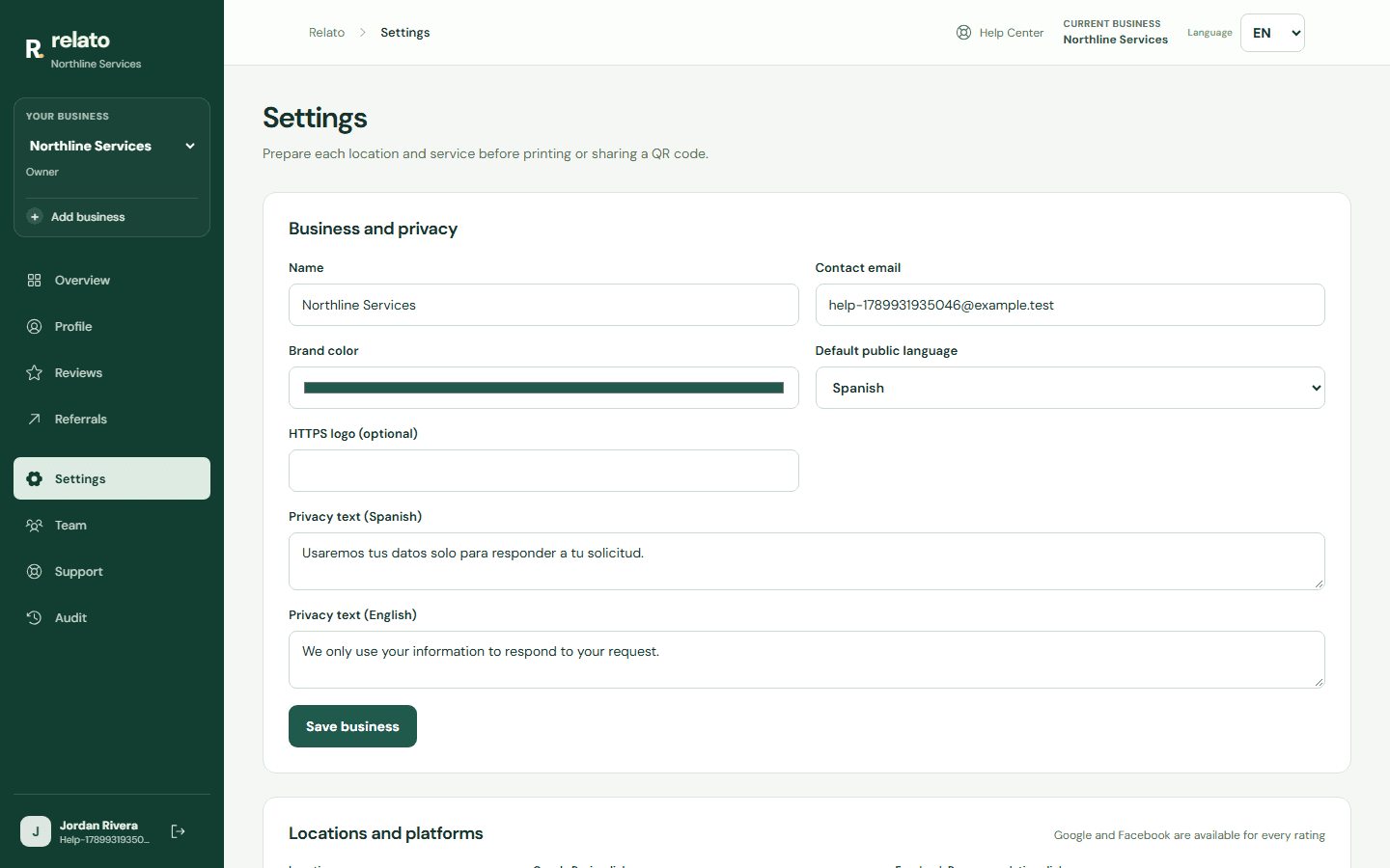 Open Settings to finish branding, locations, services, review options, and public links. — Desktop: Enter the name your customers will see.