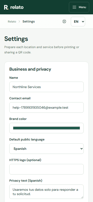 Open Settings to finish branding, locations, services, review options, and public links. — Mobile: Enter the name your customers will see.