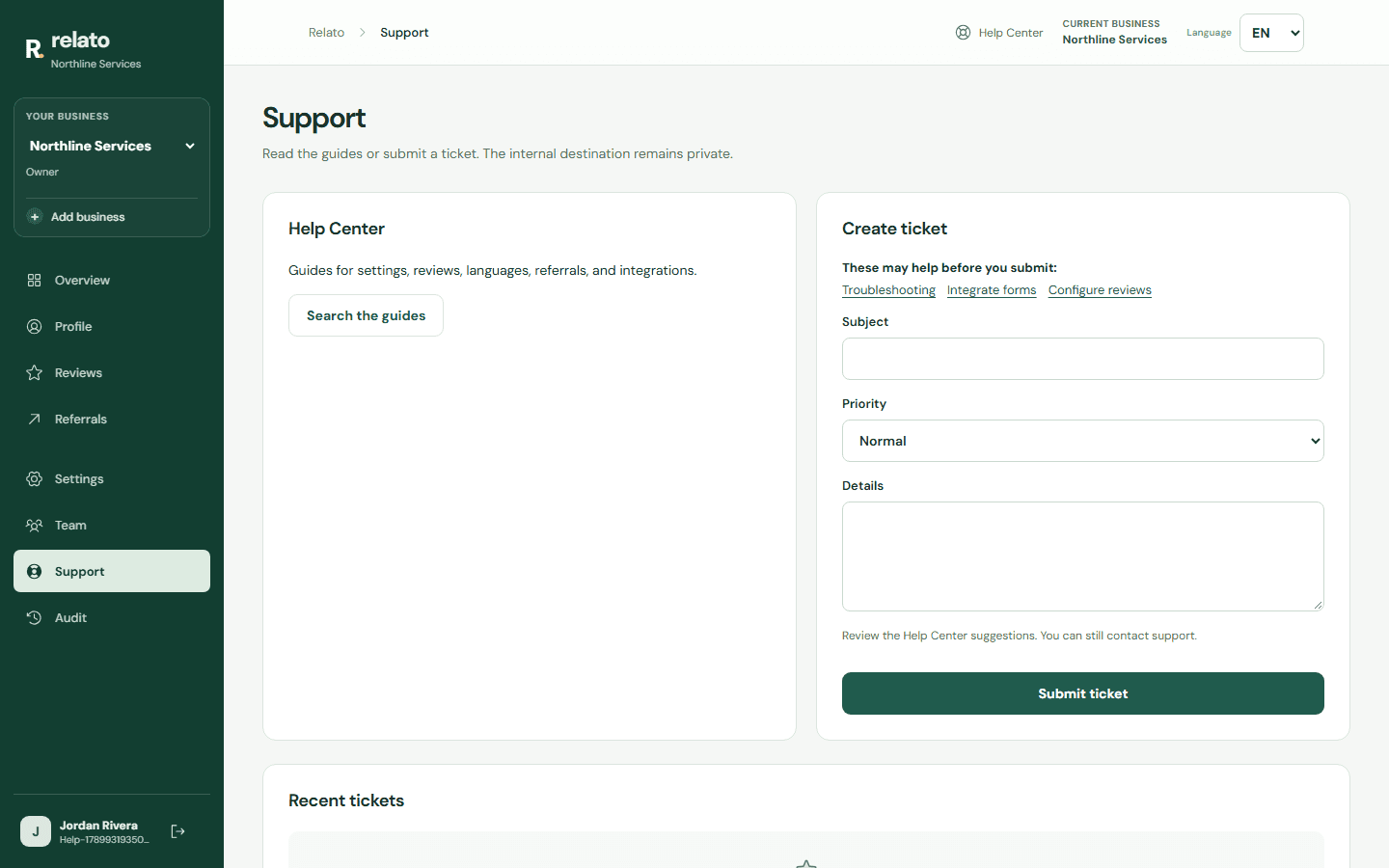 Open Support from the dashboard, search for the topic first, and select the category that best describes the issue. — Desktop: Search the guides for a solution first.