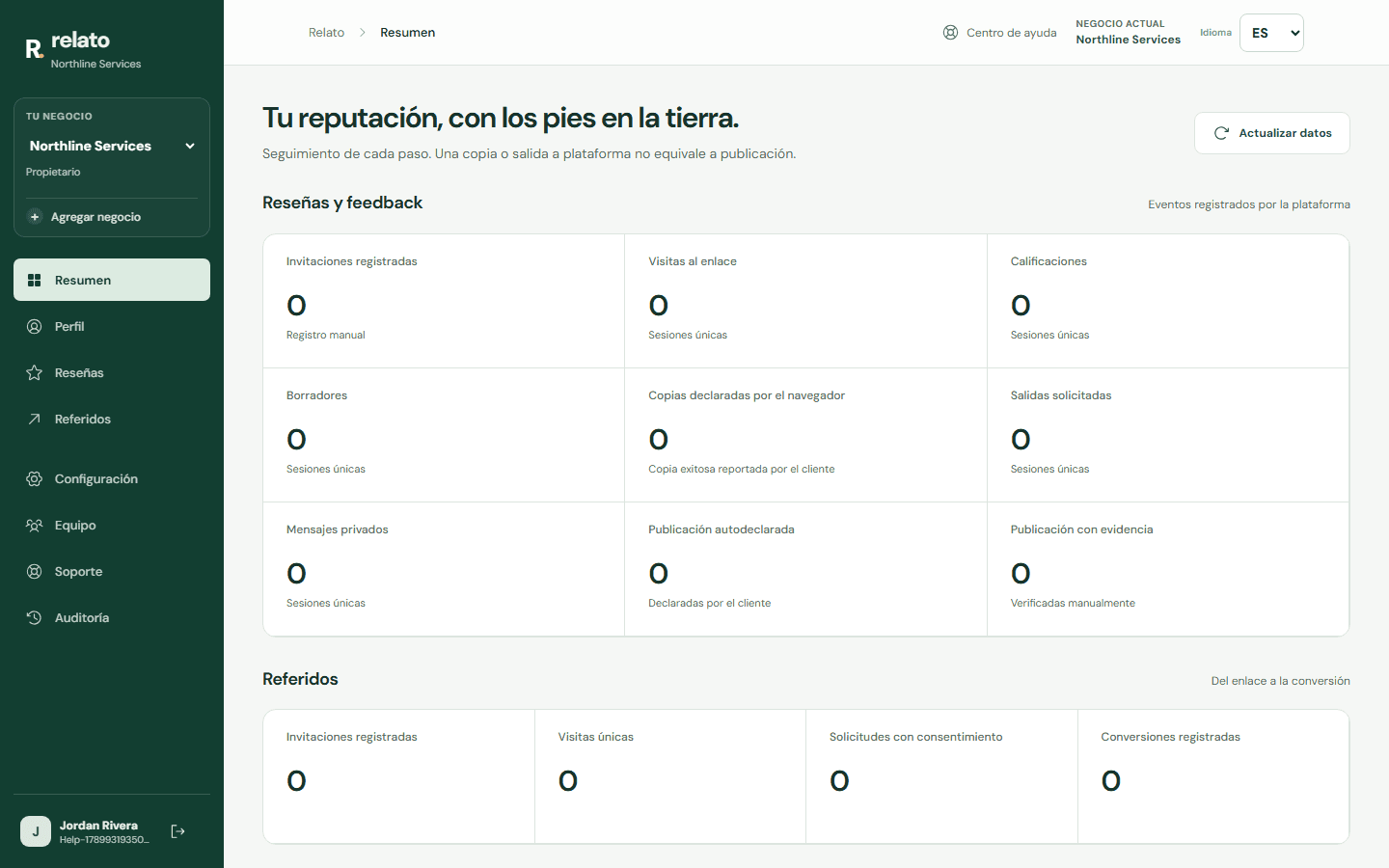Abre Resumen para consultar actividad reciente del negocio seleccionado. — Escritorio: Actualizá los datos con este botón.
