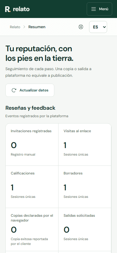 Abre Resumen para consultar actividad reciente del negocio seleccionado. — Móvil: Actualizá los datos con este botón.