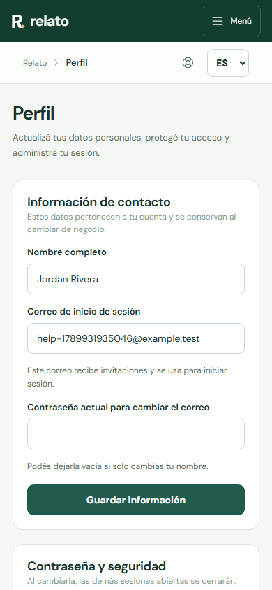 Abre Perfil desde la navegación del panel o seleccionando tu nombre en la barra lateral. — Móvil: Editá tu nombre aquí.