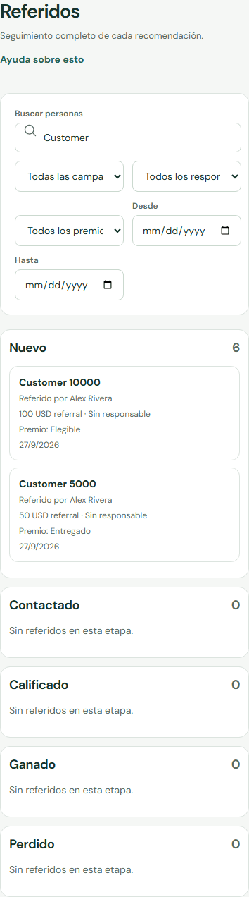 Seguimiento por etapa en el tablero de referidos. — Móvil