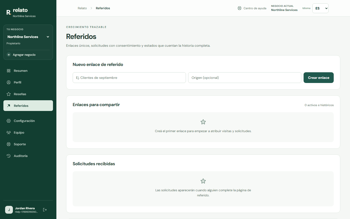 Abre Referidos y revisa qué datos solicita el formulario y el texto de consentimiento antes de compartir el enlace. — Escritorio: Dale un nombre al enlace para reconocerlo después.