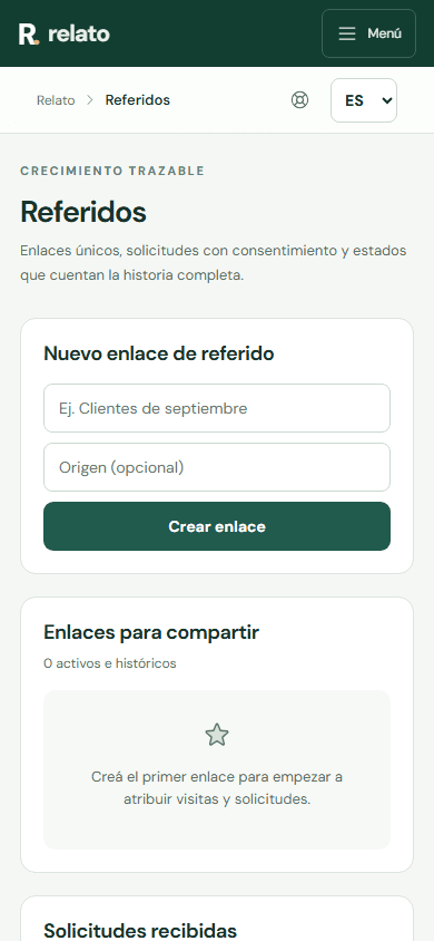 Abre Referidos y revisa qué datos solicita el formulario y el texto de consentimiento antes de compartir el enlace. — Móvil: Dale un nombre al enlace para reconocerlo después.
