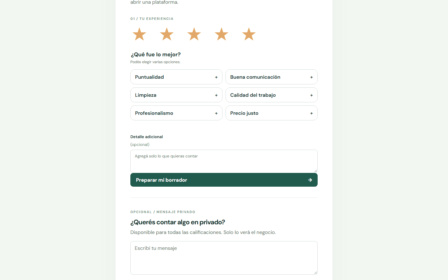Prueba el enlace público: elige una calificación, selecciona uno o varios chips y agrega un detalle opcional. — Escritorio: Elegí las estrellas que corresponden a tu experiencia.