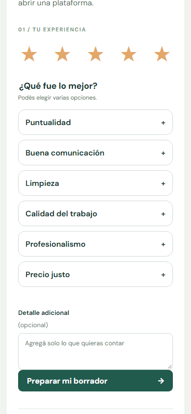 Prueba el enlace público: elige una calificación, selecciona uno o varios chips y agrega un detalle opcional. — Móvil: Elegí las estrellas que corresponden a tu experiencia.