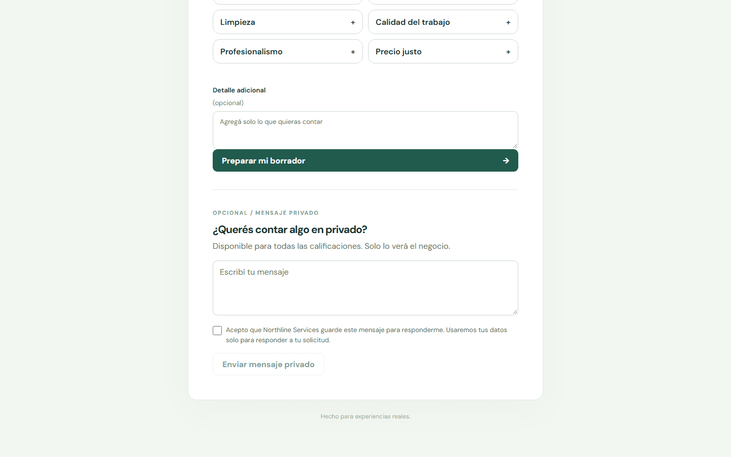 Abre el enlace público de reseña, selecciona las estrellas y avanza hasta Feedback privado. — Escritorio: Escribí tu mensaje privado.
