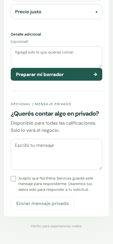 Abre el enlace público de reseña, selecciona las estrellas y avanza hasta Feedback privado. — Móvil: Escribí tu mensaje privado.