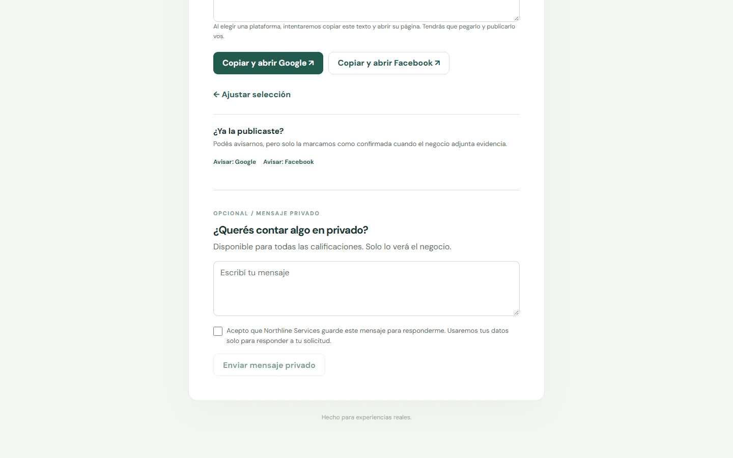 Completa el flujo público hasta llegar a la pantalla donde aparece el texto generado y las plataformas disponibles. — Escritorio: Copiá y abrí la plataforma que prefieras. Ahí tenés que pegar el texto y publicarlo.