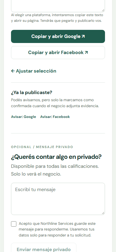 Completa el flujo público hasta llegar a la pantalla donde aparece el texto generado y las plataformas disponibles. — Móvil: Copiá y abrí la plataforma que prefieras. Ahí tenés que pegar el texto y publicarlo.