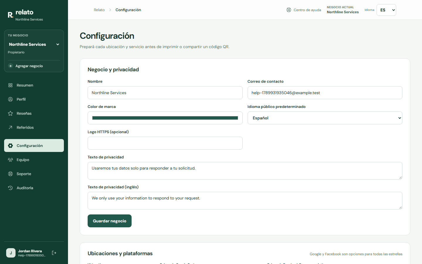 Abre Configuración para completar marca, ubicaciones, servicios, opciones de reseña y enlaces públicos. — Escritorio: Escribí el nombre que verán tus clientes.