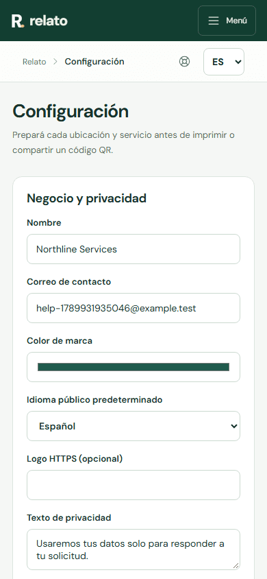 Abre Configuración para completar marca, ubicaciones, servicios, opciones de reseña y enlaces públicos. — Móvil: Escribí el nombre que verán tus clientes.
