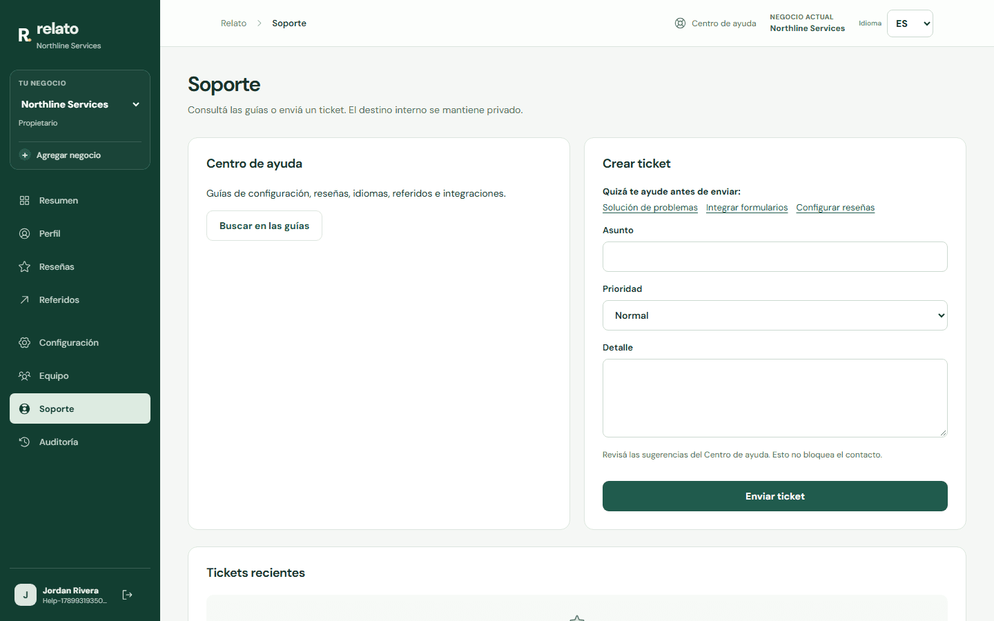 Abre Soporte desde el panel, busca primero el tema y selecciona la categoría que mejor describe el problema. — Escritorio: Buscá primero una solución en las guías.