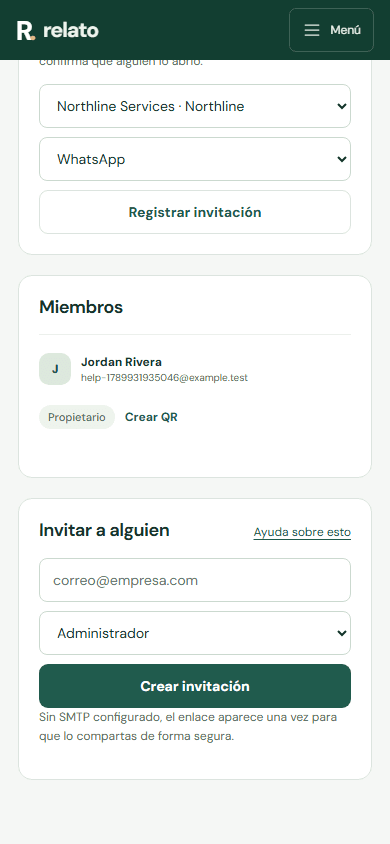 Abre Equipo, ingresa el correo y elige Administrador, Lector o Técnico. — Móvil: Ingresá el correo de la persona que querés invitar.